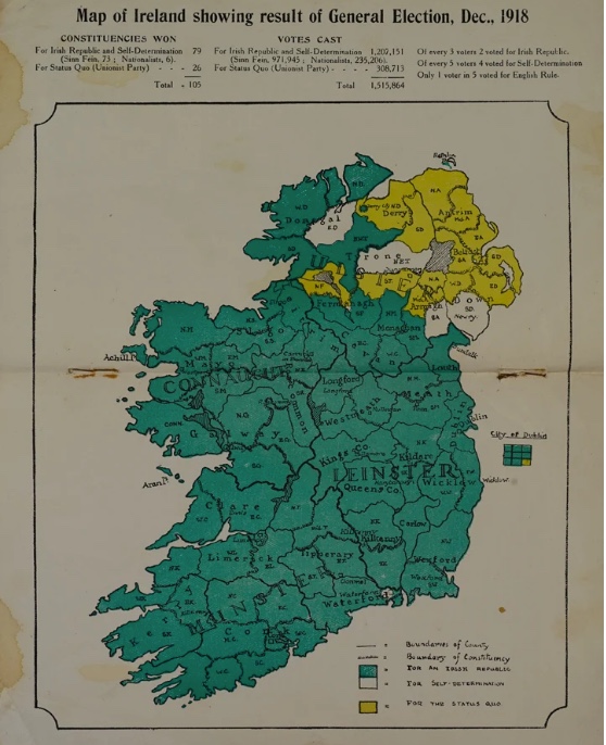 Map of Ireland showing result of General Election December 1918. Credit: National Library of Ireland