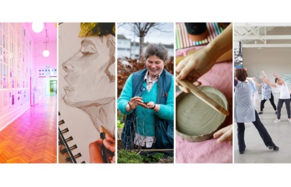 A montage with people drawing, dancing and making pottery 