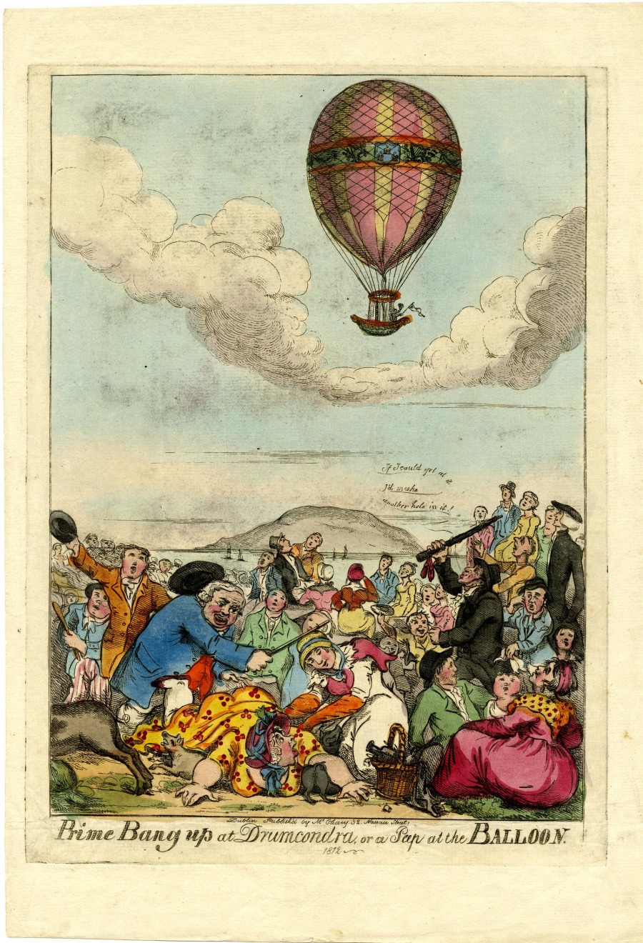 Titled ‘Prime bang up in Drumcondra’ this satirical cartoon shows the ascent of James Sadler (father of Windham) from Belvedere House in Drumcondra, Dublin in 1812. The Duke and Duchess of Richmond were present. Credit: British Museum