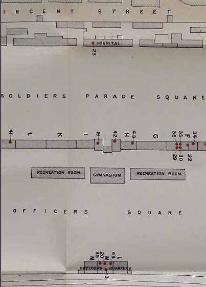 Map of enteric cases in Richmond Barracks 1889. Credit: Sanitary Report of Richmond Barracks.