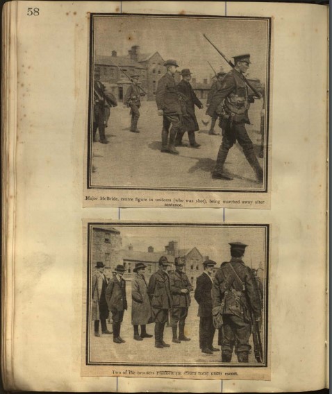 Plunkett Scrapbook, courts martial 1916 Top caption: ‘Major McBride, centre figure in uniform, (who was shot) being marched away after sentence.’ Lower caption: ‘Two of the brothers Plunkett (in slouch hats) under escort.’ Credit: Military Archives.