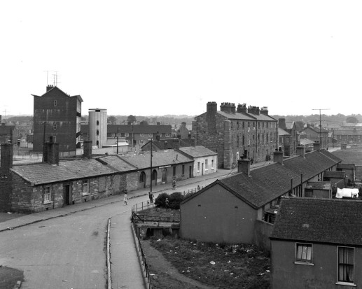 A view of the new flats of Tyrone Place and cottages of Keogh Square. Credit: Dublin City Libraries.