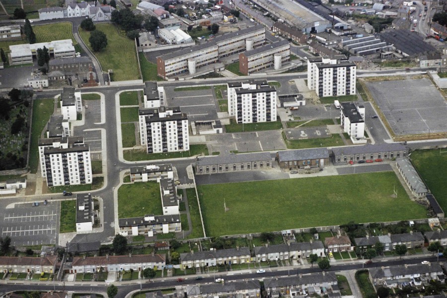 Newly built St Michael’s Estate in the early 1970s. A playground is visible and an old barrack building on the right (now a Health Centre). Dublin City Library and Archive (photograph by Billy Mooney).