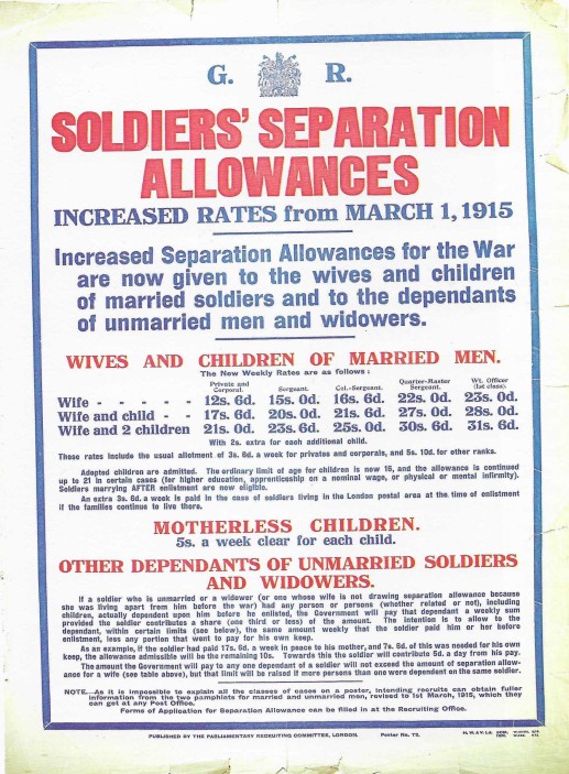 Poster listing different allowances for families of married soldiers. Dated: 1 March 1915. Credit: National Library of Ireland