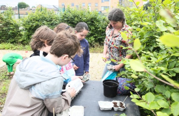 A group of children and an adult are in a garden planting seeds.