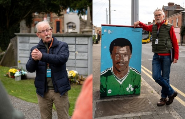 There are two images side by side. In the image on the left, a man is speaking animatedly in a graveyard. In the image on the right, a man is standing on a path, leaning on an electricity box featuring artwork of a football player.  